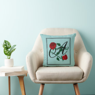 Letter A Monogram met Rode Rozen Turquoise Kussen