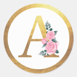 Letter A Monogram Roze Rozen Bloemen & Elegant Gou Ronde Sticker