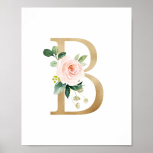 Letter B Blush Floral Monogram Faux Gold Foil Poster