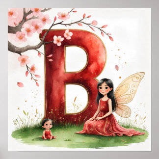 Letter B Fairy Art Poster - Cherry Blossoms