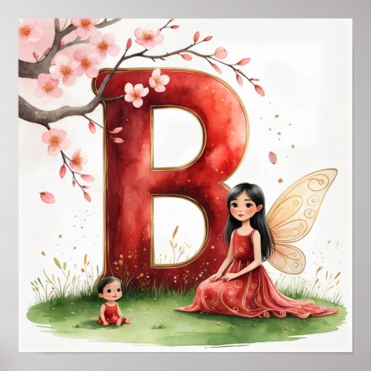 Letter B Fairy Art Poster - Cherry Blossoms (Devant)