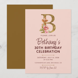 Letter B Gouden Monogram Roze Rozen Kaart