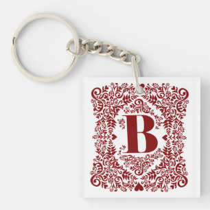 Letter B in unieke moderne rode hart bloemenrand Sleutelhanger