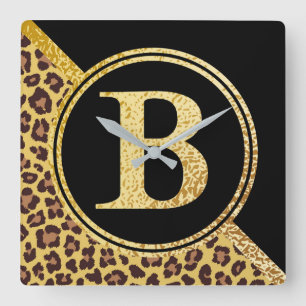 Letter B Monogram Leopard Print Gold and Black Vierkante Klok