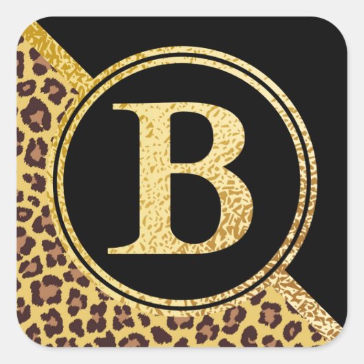 Letter B Monogram Leopard Print Gold and Black Vierkante Sticker (Voorkant)