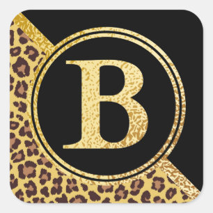 Letter B Monogram Leopard Print Gold and Black Vierkante Sticker