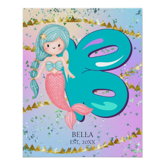 Letter B Monogram Waterverf Cute Mermaid Nursery Perfect Poster (Voorkant)