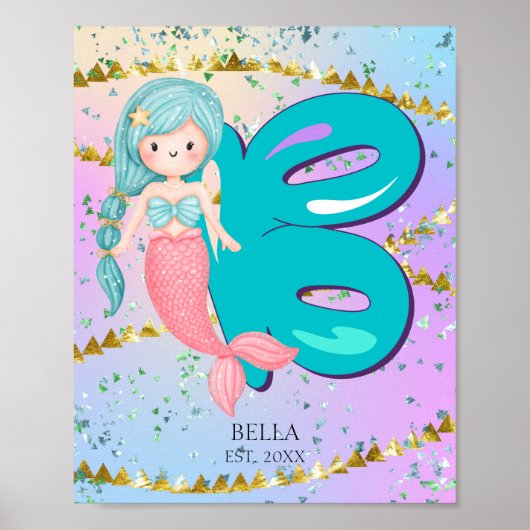 Letter B Monogram Waterverf Cute Mermaid Nursery Poster (Voorkant)