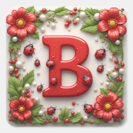 🐞 Letter B Rode Lieveheersbeestjes Papavers Parel Vierkante Sticker