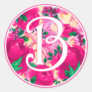 Letter B Roze Waterverf Bloemencirkel Monogram Ronde Sticker