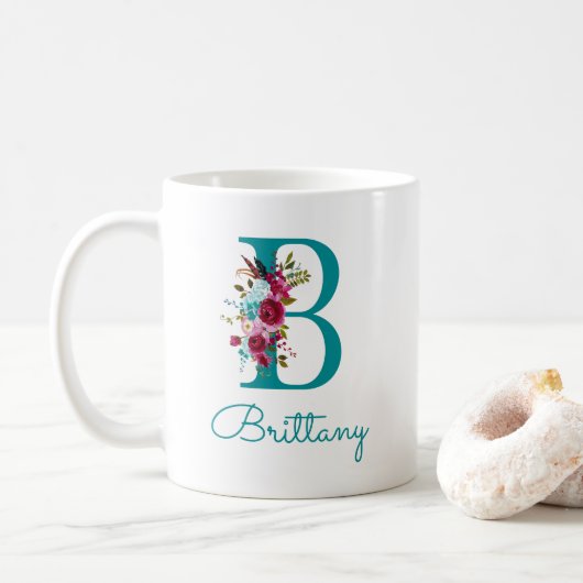 Letter B Turquoise Roze Bloem Koffiemok (Met donut)