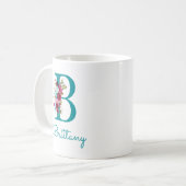 Letter B Turquoise Roze Bloem Koffiemok (Voorkant links)