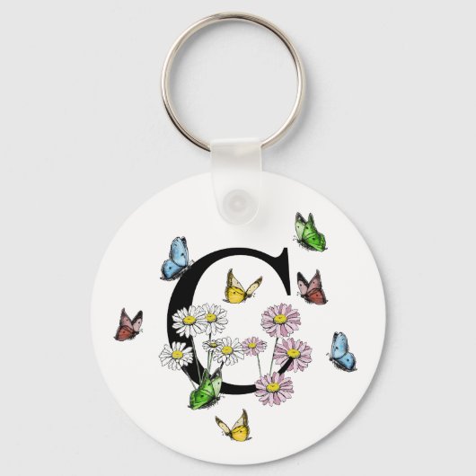 Letter C Floral Butterfly Monogram Initiaal Sleutelhanger (Voorkant)