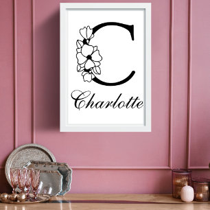 Letter C Floral Modern Zwart Monogram Kwekerij Poster