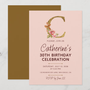 Letter C Gouden Monogram Roze Rozen Kaart