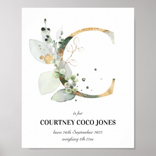 Letter C New Baby Monogram Birth Print Greenery (Voorkant)