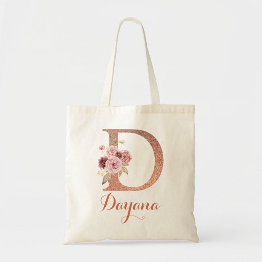 Letter D Blush roze Glitter Floral Monogram Tote Bag (Voorkant)