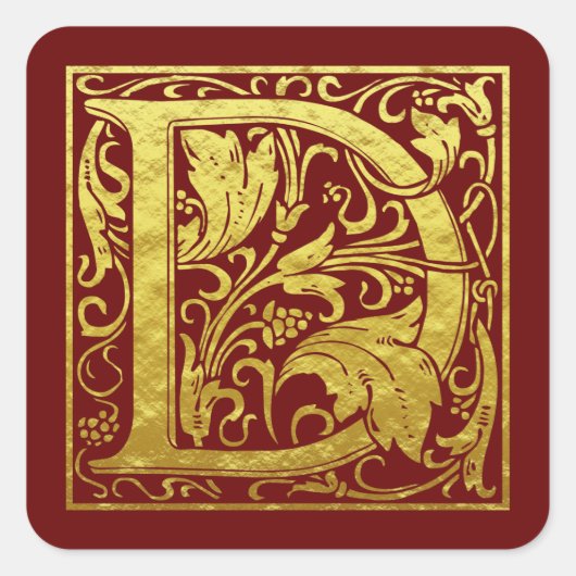 Letter D First Letter Faux Gold Red Vierkante Sticker (Voorkant)
