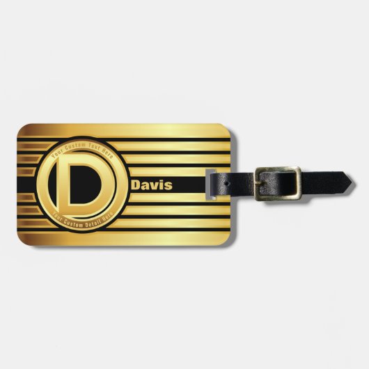 Letter D-monogram bagagelabel Gold stripe Black (Voorkant horizontaal)