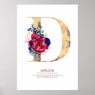 Letter D Monogram Bloemendecor Navyblauw en Burgun Poster
