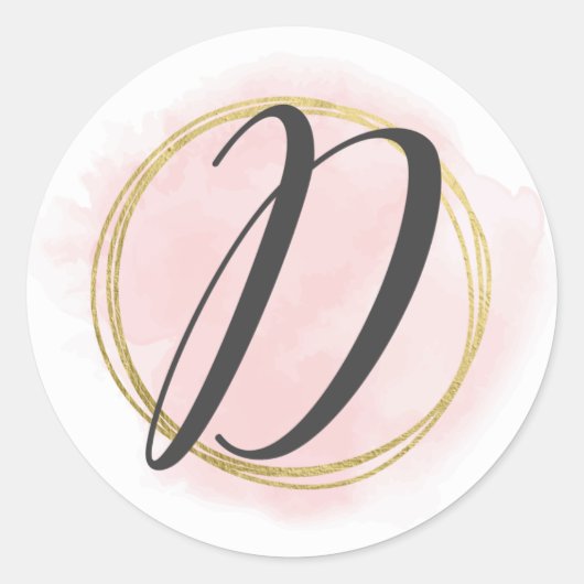Letter D Monogram Roze Roze Waterverf Goud Chic Ronde Sticker (Voorkant)