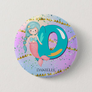 Letter D Monogram Waterverf Cute Mermaid Nursery Ronde Button 5,7 Cm