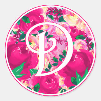 Letter D Roze Waterverf Bloemencirkel Monogram Ronde Sticker