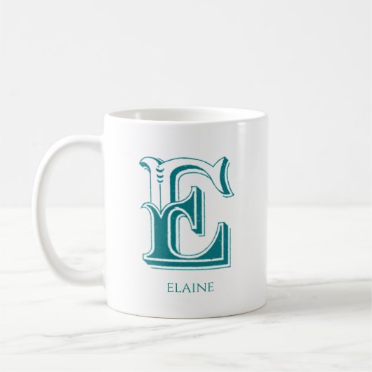 Letter E Blauwgroen Monogram Moderne Naam Koffieko Koffiemok (Links)