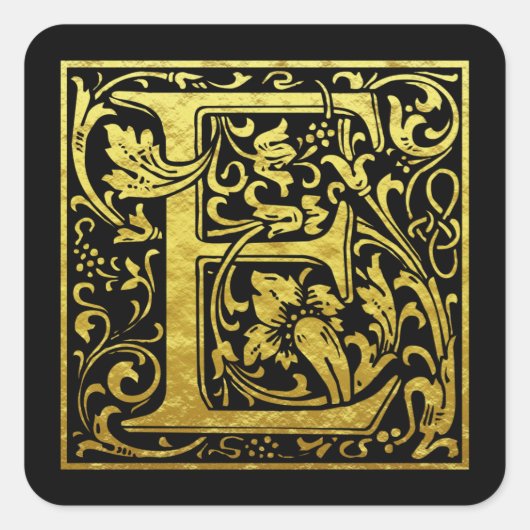 Letter E Eerste letter Faux Gold Zwart Vierkante Sticker (Voorkant)