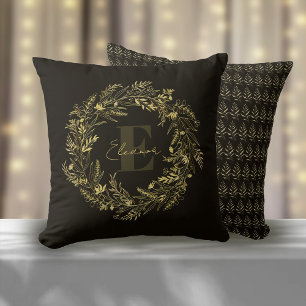 Letter E Elegante Gouden Blad Monogram Kussen