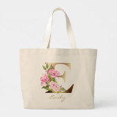 Letter E Gold Monogram roze bloemen Grote Tote Bag (Achterkant)