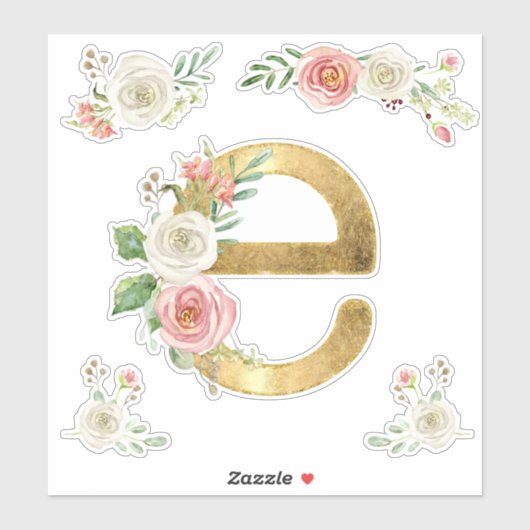 Letter E Initiaal Goud Blush Roos Bloemen Waterver Sticker (Vel)