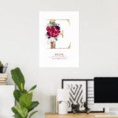 Letter E Monogram Bloemrijk Burgundyrood en Goud Poster (Thuiskantoor)