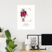 Letter E Monogram Florale Navyblauw en Bordeauxroo Poster (Thuiskantoor)