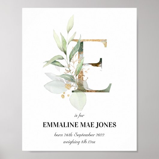 Letter E New Baby Monogram Birth Print Greenery (Voorkant)