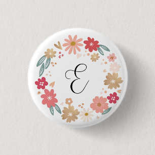 Letter E Whimsical Bloemenbrief Monogram Ronde Button 3,2 Cm