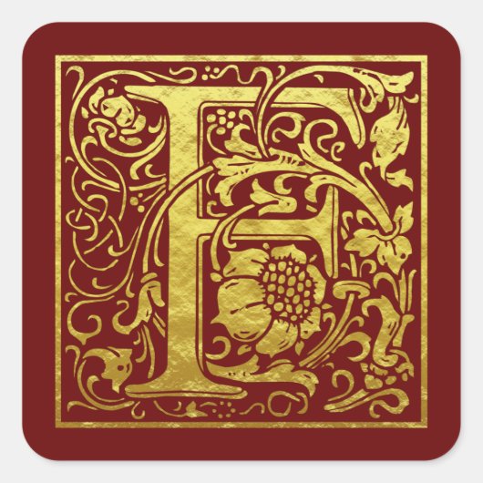 Letter F First Letter Faux Gold Red Vierkante Sticker (Voorkant)