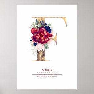 Letter F Monogram Bloemendecor Navyblauw en Burgun Poster