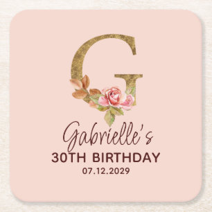 Letter G Gouden Monogram Roze Rozen Vierkante Kartonnen Onderzetter