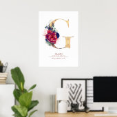Letter G Monogram Bloemendesign Navyblauw en Borde Poster (Thuiskantoor)
