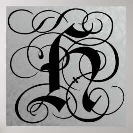 Letter H, Gothic Monogram Black Poster