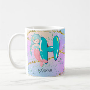 Letter H Monogram Waterverf Cute Mermaid Nursery Koffiemok