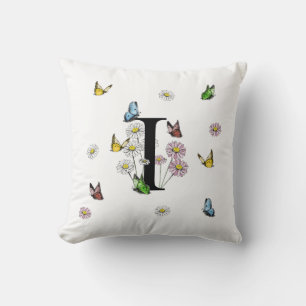 Letter I Bloem Vlinder Monogram Initiaal Kussen