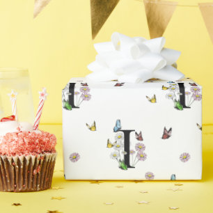 Letter I Bloemrijke Waterverf Vlinder Monogram   Cadeaupapier