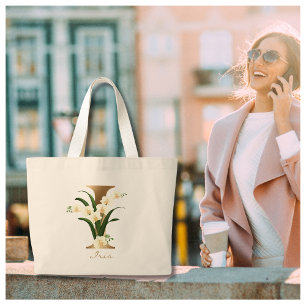 Letter I Elegante Bloem Gouden Monogram Grote Tote Bag