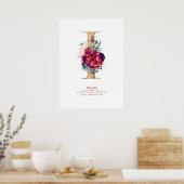 Letter I Monogram Bloem Burgundyrood en Goud Poster (Keuken)