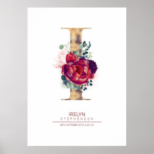 Letter I Monogram Bloemendesign Burgundyrood en Go Poster