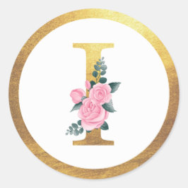Letter I Monogram Roze Rozen Bloemen & Elegant Gou Ronde Sticker