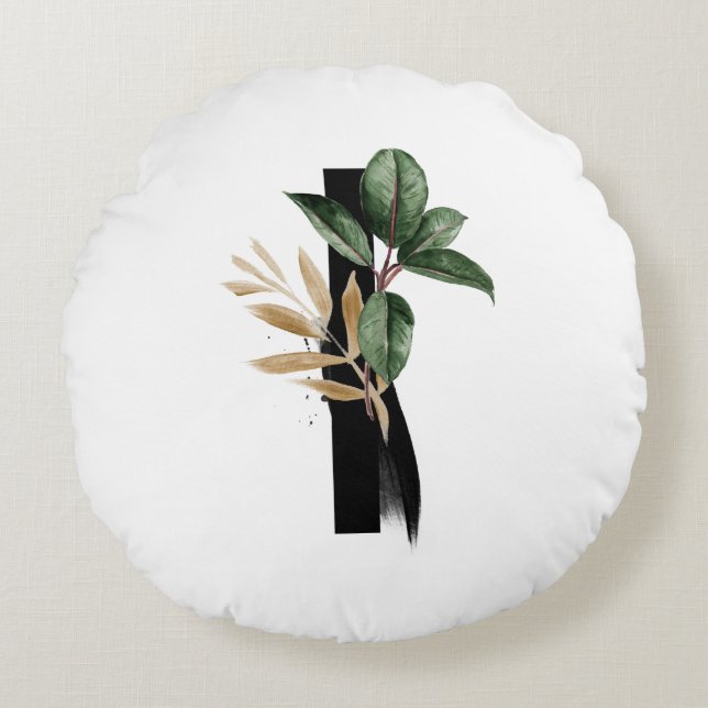 Letter I Monogram Tropical Greenery Gold Foil Rond Kussen (Voorkant)