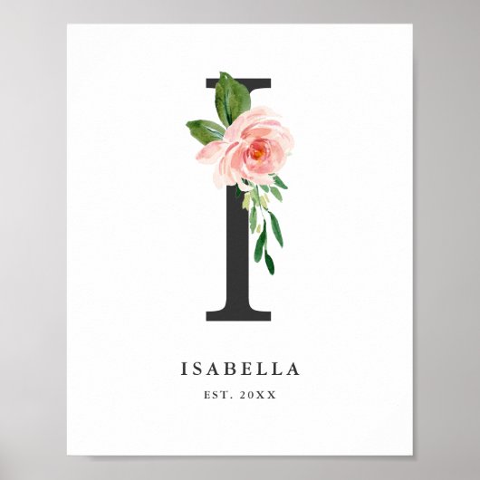 Letter I Monogram Waterverf Perzikflessen urserij Poster (Voorkant)